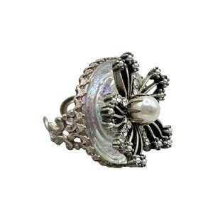 Sweet Romance Ollipop USA Round Opalescent Stone Flower Pearl Adjustable Ring